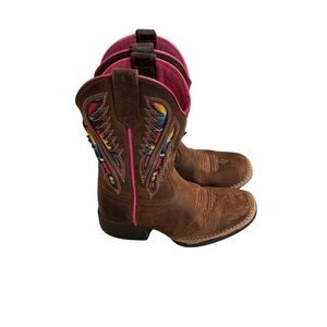 Ariat Girls Western Cowgirl Boots Size 9 Brown Pink Embroidered Leather